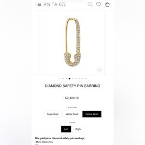 NWT Anita Ko Diamond Safety Pin Earring, 18K yellow gold, left side -